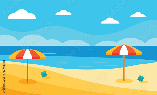 Vibrant summer beach scene with colorful umbrellas and ocean view
