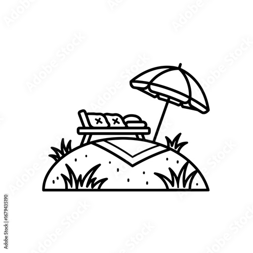 Beach lounge chair with umbrella and towel on sand with transparent background