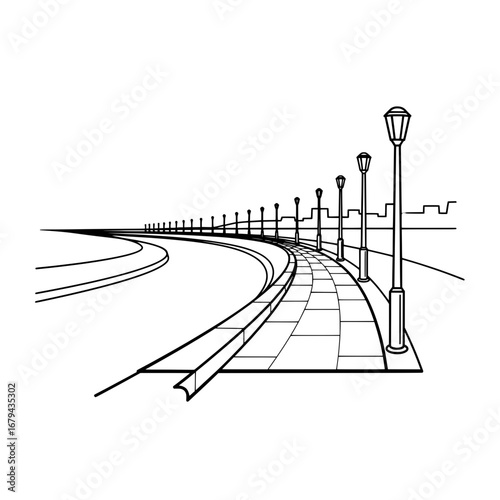 Curving railway tracks with lampposts along the platform