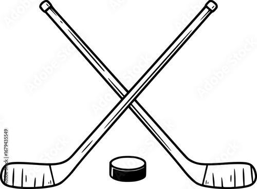 Crossed Hockey Sticks and Puck - Vector Outline Illustration
