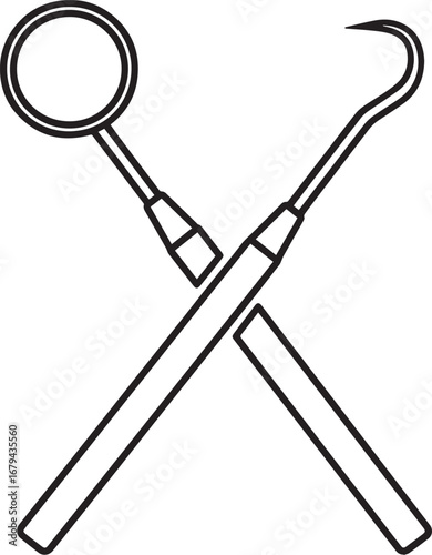 Dental Mirror and Hook in Cross Layout Outline Icon Dentistry, Oral Health, Medical Tools, Dental Clinic Vector Illustration
