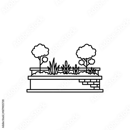 Outlined flower bed with trees and plants with transparent background
