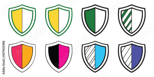 Shield. Security. Icon Set. A modern flat vector collection of colorful shield icons for a security company's logo, an antivirus app, a game UI, or a corporate brand identity element.
