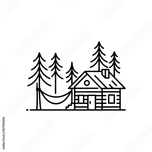Log cabin surrounded by pine trees with transparent background