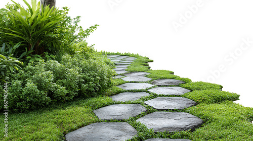 Stone pathway through lush green garden isolated on transparent background