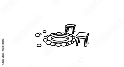 Fire pit with two stools and stones with transparent background