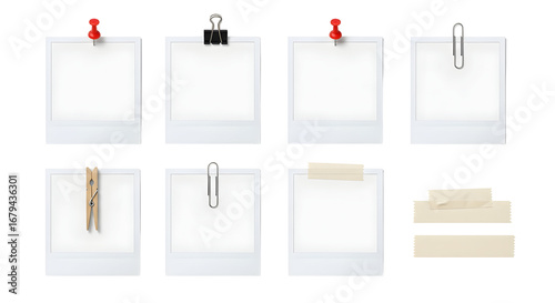 Collection of blank instant photo prints held by various fasteners and tape, isolated on white