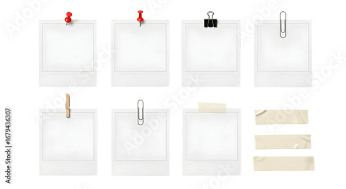 Collection of polaroid frames with pushpins, paper clips, clothespin, and tape on a white background