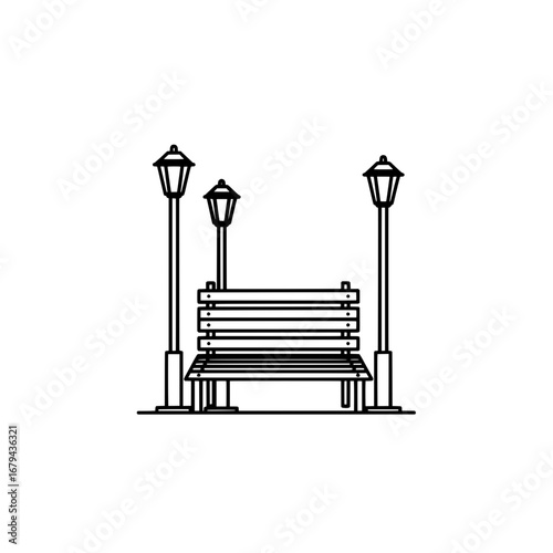 Park bench with lanterns and streetlights with transparent background