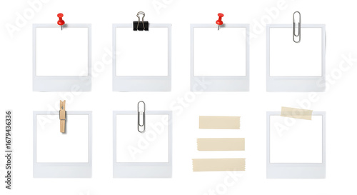 Eight blank polaroid photo frames with paper clips, thumbtacks, tape and a wooden peg, isolated on white