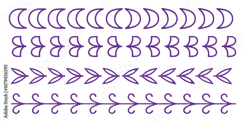 Border. Divider. Decorative. A minimal purple vector set of four simple outline borders with moon, heart, and leaf patterns for a scrapbook, a planner, or a creative design element.