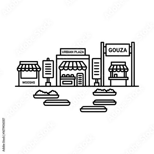 City waterfront with shops and buildings with transparent background