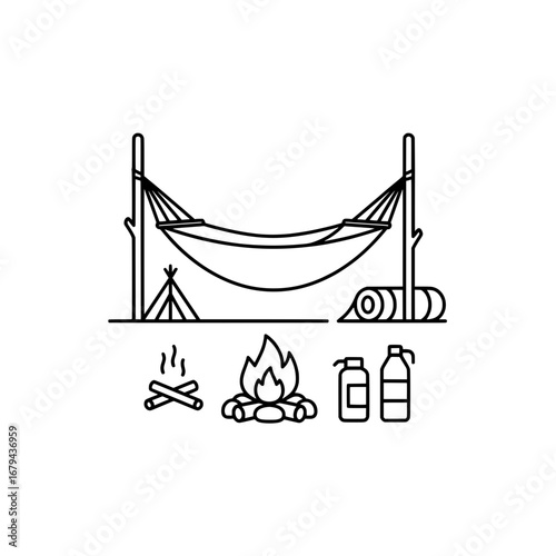 Hammock camping setup with fire and supplies on black background with transparent background