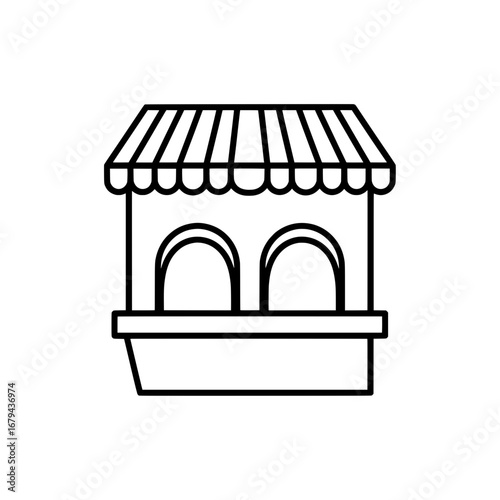 Market stall with striped awning on isolated black background