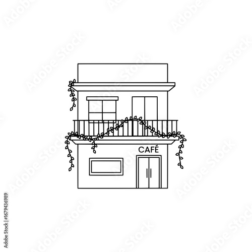 Cafe building with balcony and greenery on transparent background