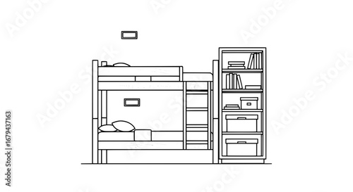 Line drawing of a bunk bed with bookshelf with transparent background