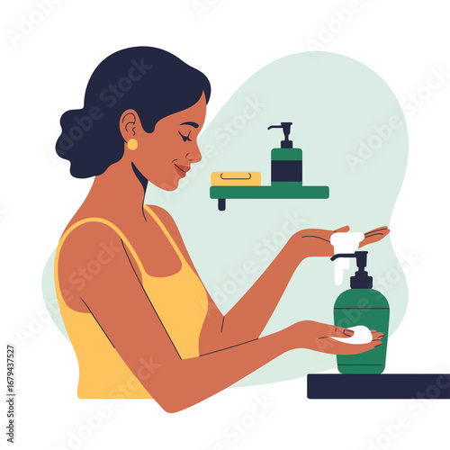 Woman using soap dispenser in bathroom for skincare routine illustration