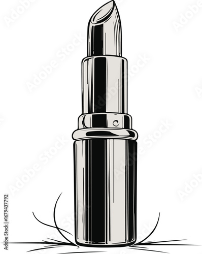Black and white line art lipstick tube, minimal smooth vector, elegant doodle style, isolated cosmetic illustration 1
