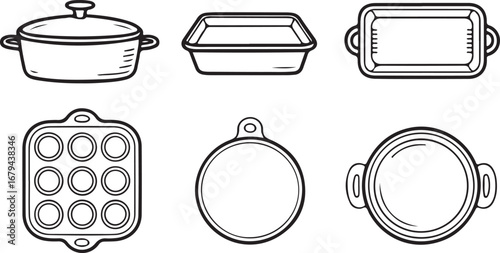 Cookware Outline Icons Pack Casserole Dish, Baking Tray, Loaf Pan, Muffin Tin, Pizza Stone, and Roasting Dish