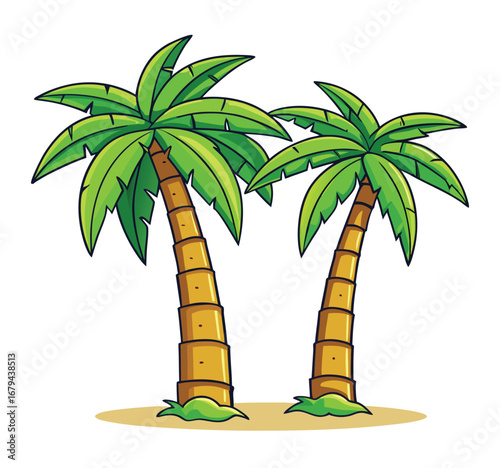 Two elegant palm trees swaying gently side by side on a tropical beach