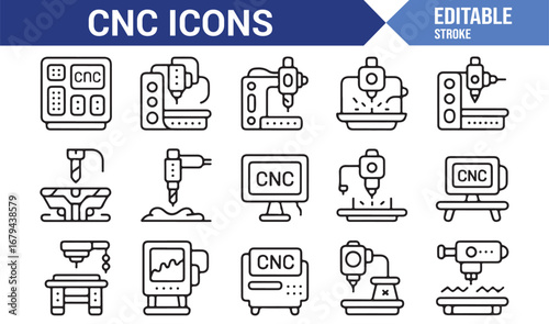 Modern set of cnc machine icons for industrial design and technology