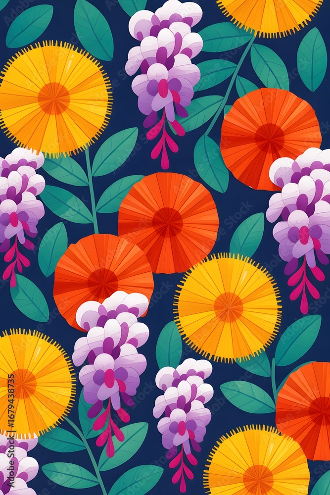 Naklejka premium Floral Rhapsody: A vibrant graphic of meticulously crafted flowers, showcasing intricate petals, and delicate blossoms arranged in a harmonious array of floral elements.