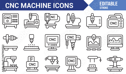 Versatile cnc machine icons for industrial and technical applications