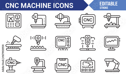 Modern cnc machine icons for industrial design and technology