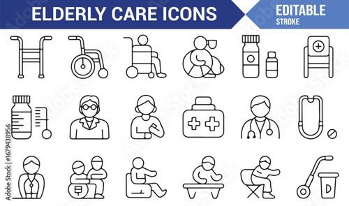 Collection of icons representing elderly care services and support