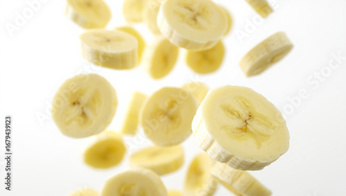 Sliced Bananas Falling Against White Background fruit food