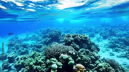 Underwater view showcasing vibrant coral reefs and clear, blue ocean water.