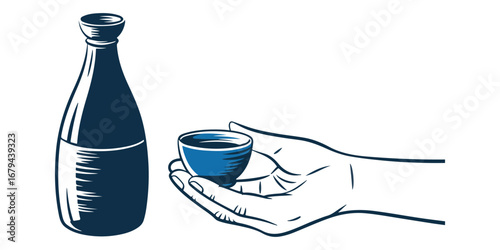 Sake. Japan. Drink. A vector illustration in a classic, clean style of a hand holding a sake cup with a bottle for a Japanese restaurant menu, a bar's branding, or a cultural design.