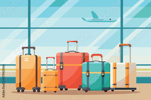 Stylish flat design of suitcases and travel elements with vibrant colors