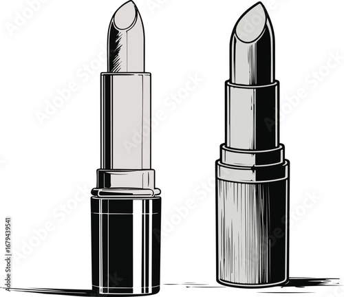 Black and white line art lipstick tube, minimal smooth vector, elegant doodle style, isolated cosmetic illustration