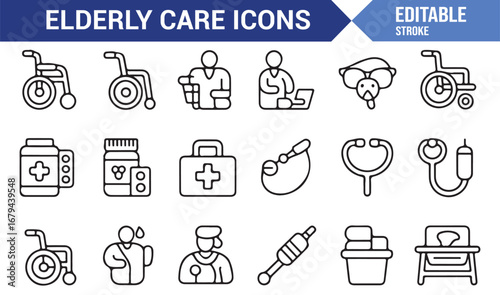 Collection of icons representing elderly care services and support
