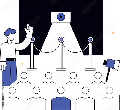 Presentation Dynamics: A presenter commands attention in a staged setting, capturing a professional presentation. The focus is on the audience as they observe the engaging content.