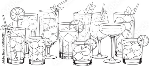 Collection of assorted cocktails and alcoholic beverages in various glassware perfect for parties and celebrations