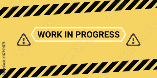 Work in Progress. Under Construction. A modern vector banner with warning stripes and a futuristic font for a website maintenance page, a "coming soon" announcement, or an app update screen.