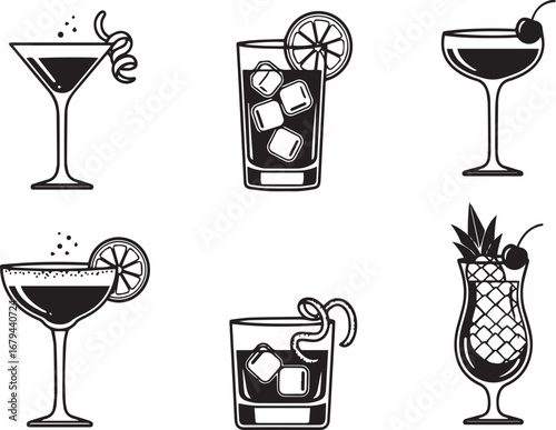 Collection of six hand-drawn cocktail drinks in various glasses perfect for bar menus or party invitations