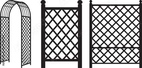 Collection of garden trellises and archway silhouette isolated on white background