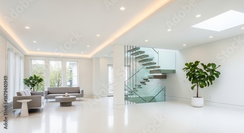 Modern bright living room with glass staircase and indoor plants