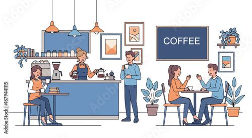 Flat illustration of people drinking coffee and socializing in a cozy café with a barista serving drinks, highlighting relaxation, conversation, and modern coffee shop culture