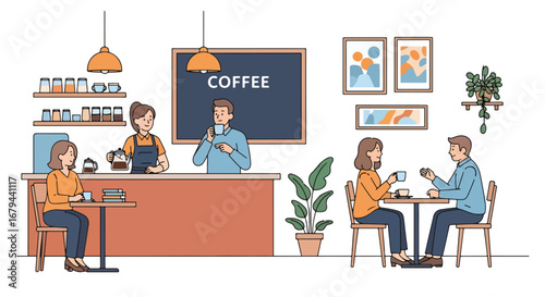 Flat illustration of people drinking coffee and socializing in a cozy café with a barista serving drinks, highlighting relaxation, conversation, and modern coffee shop culture