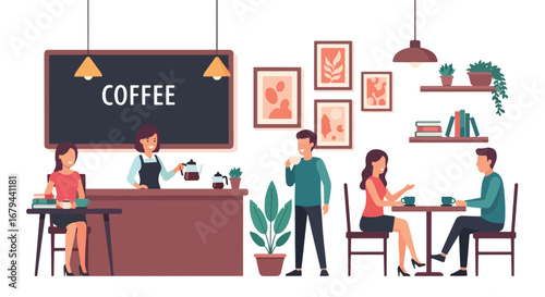 Flat illustration of people drinking coffee and socializing in a cozy café with a barista serving drinks, highlighting relaxation, conversation, and modern coffee shop culture