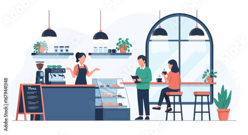 Flat illustration of people enjoying drinks and pastries in a stylish coffee shop with barista service, showcasing social interaction, lifestyle, and modern café culture