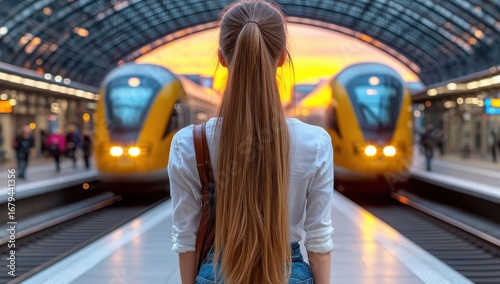 A young woman with long hair stands on a train platform, waiting for a high-speed train at sunset