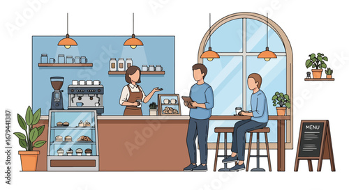 Flat illustration of people enjoying drinks and pastries in a stylish coffee shop with barista service, showcasing social interaction, lifestyle, and modern café culture