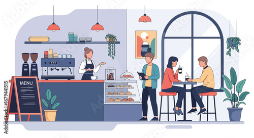 Flat illustration of people enjoying drinks and pastries in a stylish coffee shop with barista service, showcasing social interaction, lifestyle, and modern café culture