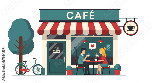 Flat illustration of a couple enjoying coffee at a small café, showing romance, lifestyle, and social connection in a cozy urban coffee shop setting
