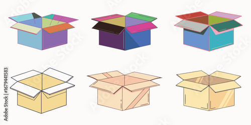 Box. Open. Package. A vector icon set of six open cardboard boxes in various styles for a delivery service, an e-commerce website, a moving company, or a storage solution graphic.
